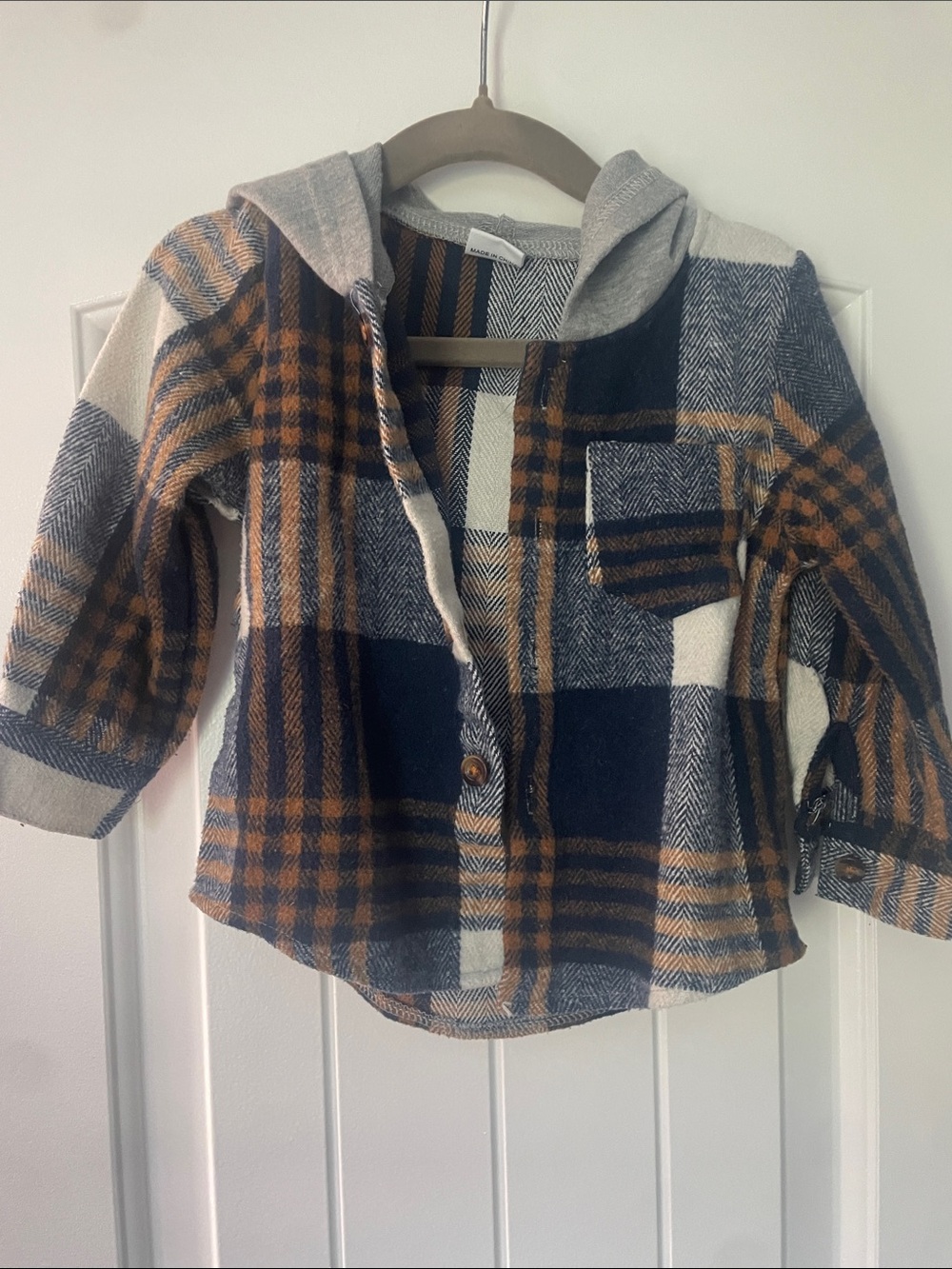 Plaid Hooded Shirt Jacket - Navy & Brown